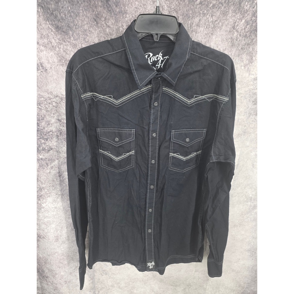 Rock 47 Wrangler Western Shirt Mens Large Black Pearl Snap Cowboy Rodeo Biker